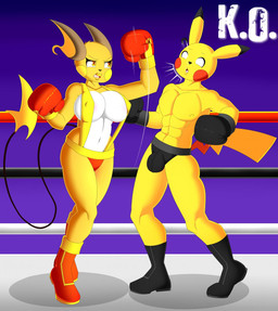 anthro boots boxing_gloves bulge clothing duo female fighting_ring footwear handwear male male/female shoes speedo swimwear uppercut mlpboxing nintendo pokemon generation_1_pokemon pikachu pokemon_(species) raichu hi_res