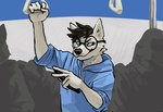 5_fingers anthro blue_clothing blue_eyes blue_hoodie blue_topwear brown_hair clothed clothing electronics eyewear fingers glasses group hair holding_object holding_phone hoodie male phone solo_focus topwear mawfulme canid canine mammal 2021 hi_res