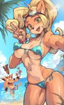 anthro areola areola_slip beach bikini blonde_hair blue_bikini blue_clothing blue_swimwear breasts clothing cute_fangs duo eyebrows eyewear eyewear_on_head fangs female female_focus fur gesture glistening glistening_body glistening_fur goggles goggles_on_head green_eyes hair hand_gesture kemono looking_at_viewer male mask navel nipple_outline open_mouth open_smile orange_body orange_fur outside side-tie_bikini smile string_bikini swimwear tan_body tan_fur teeth two-piece_swimsuit v_sign wristband iepelppa activision crash_bandicoot_(series) aku_aku coco_bandicoot crash_bandicoot animate_inanimate bandicoot living_mask mammal marsupial 2024 absurd_res hi_res brother_(lore) brother_and_sister_(lore) sibling_(lore) sister_(lore)