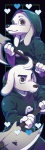 4_fingers abstract_background anthro axe brown_eyes clothed clothing duo eyelashes female fingers fur heart_symbol hood long_ears male melee_weapon simple_background smile weapon white_body white_fur foxvulpine undertale undertale_(series) dogamy dogaressa canid canine canis domestic_dog mammal