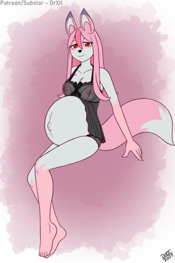 anthro babydoll belly big_belly breasts clothed clothing female fur hair lingerie looking_at_viewer nightgown nipples panties pink_body pink_fur pink_hair pregnant pregnant_anthro pregnant_female simple_background smile solo tail translucent translucent_clothing underwear white_body white_fur drxii brand_new_animal studio_trigger nazuna_hiwatashi canid canine fox mammal 2:3 absurd_res digital_media_(artwork) hi_res
