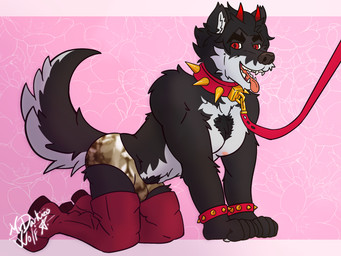 all_fours anthro armband boots breath briefs clothing collar fangs footwear horn leash legwear long_boots male panting shoes solo spiked_armband spiked_collar spikes tail teeth thigh_boots thigh_highs tongue tongue_out underwear mrdarknesswolf dantalos canid canine canis demon hybrid mammal wolf 4:3 hi_res