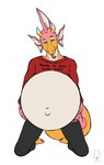 anthro belly big_belly black_clothing black_panties black_underwear candy_cane_in_mouth clothed clothing ear_frill frill_(anatomy) front_view head_crest head_frill kneeling logo looking_at_viewer male narrowed_eyes panties pink_body pregnant pregnant_anthro pregnant_male red_clothing red_topwear simple_background solo topwear underwear white_background white_frill yellow_body milk-jug fish marine seahorse syngnathid syngnathiform artist_logo hi_res