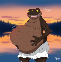 ambiguous_gender anthro belly belly_squish big_belly bottomwear brown_belly brown_body clothing huge_belly looking_at_viewer open_mouth river rumbling_stomach sea shorts squish talking_to_viewer text water white_bottomwear white_clothing white_shorts yellow_eyes yauhasart amphibian frog 2025 english_text flat_colors hi_res watermark