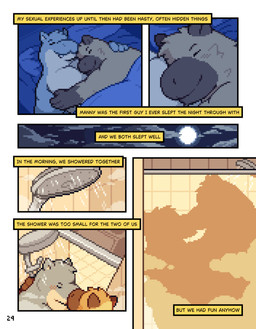 anthro bathing bed blush brown_body brown_fur duo fur furniture inside kissing lying lying_on_another male male/male nude on_back on_bed overweight overweight_anthro overweight_male shower showering sleeping sleeping_together smile steam text water conditional_dnp mabit gabe_(mabit) manny_(mabit) capybara caviid common_hippopotamus hippopotamid mammal rodent 2026 comic digital_media_(artwork) english_text hi_res pixel_(artwork)
