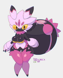 anthro black_body clothing female fur legwear looking_at_viewer palmorph pink_body pink_fur simple_background solo thick_thighs thigh_highs yellow_eyes 100licorice palworld pocketpair arachnid arthropod mygalomorph pal_(species) spider tarantriss tarantula hi_res