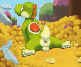 anthro anus backsack balls blue_eyes cloud feet flower genitals looking_back male outside plant presenting presenting_anus raised_tail rock shell solo tail tail_anus glibnel mario_bros nintendo green_yoshi yoshi absurd_res hi_res