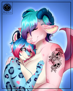anthro big_breasts blue_body blue_fur blue_hair breasts duo female female/female fur hair markings pink_body pink_hair pink_nose romantic romantic_couple size_difference spots spotted_markings devyshirehell ayana_mayumi neko_lazuli bovid bovine cattle felid feline leopardus mammal ocelot 4:5 absurd_res hi_res
