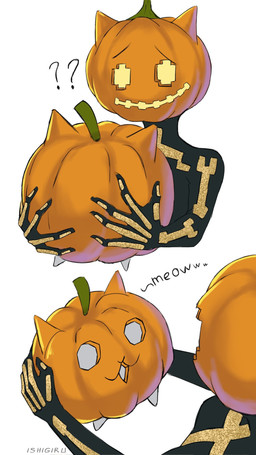 5_fingers :3 ambiguous_feral ambiguous_gender biped black_body duo eyebrows female female_humanoid feral fingers food for_a_head fruit holding_another jack-o'-lantern larger_female larger_humanoid looking_at_another markings meow no_pupils nub_feet open_mouth orange_head plant pumpkin pumpkin_head quadruped question_mark simple_background size_difference smaller_ambiguous smaller_feral stem_on_head talking_to_another text ishigiritsu epic_games fortnite ponos_corp. the_battle_cats pumpcat_(the_battle_cats) spice_(fortnite) domestic_cat felid feline felis humanoid mammal object_head 2025 artist_name colored crossover digital_drawing_(artwork) digital_media_(artwork) half-length_portrait hi_res portrait signature