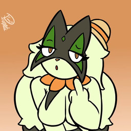anthro big_breasts big_butt breasts butt clothing cute_fangs diamond_(marking) eyelashes fangs fart fart_cloud fart_fetish farting_at_viewer female fur green_body green_fur half-closed_eyes hat headgear headwear huge_butt looking_at_viewer looking_back looking_back_at_viewer markings mask narrowed_eyes orange_background orange_eyes orange_nose simple_background slightly_chubby smug solo teeth thick_thighs wide_hips puppetz_(artist) nintendo pokemon lily_(puppetz) generation_9_pokemon meowscarada pokemon_(species) 1:1 2025 2d_animation animated short_playtime signature sound video