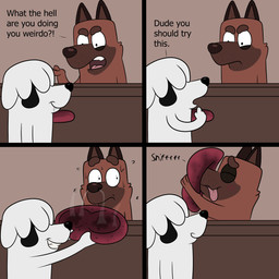 angry anthro bar bar_stool black_ears black_eyes black_nose bodily_fluids brown_body brown_ears brown_fur brown_nose dialogue duo eyes_closed fur furniture hair hair_over_eyes holding_object inside looking_at_another looking_pleasured male multicolored_body multicolored_fur musk nervous smile sniffing sniffing_seat standing stool sweat teeth text three-quarter_view tongue tongue_out two_tone_body two_tone_fur white_body white_fur white_hair colossalstars bluey_(series) canid canine canis domestic_dog mammal 1:1 2026 absurd_res comic digital_media_(artwork) english_text hi_res
