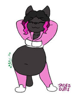 abdominal_bulge anthro belly belly_swaying big_belly black_body black_fur black_hair black_nose blue_eyes bottomwear breasts cleavage clothed clothing curly_hair digestion digestion_noises female female_pred fur grin hair hands_behind_head hip_sway hoodie jacket looking_at_belly medium_breasts music navel onomatopoeia pink_bottomwear pink_clothing pink_hair pink_hoodie pink_topwear rumbling_stomach same_size_vore slosh sloshing_belly smile smug smug_grin soft_vore solo sound_effects synced_to_music tail tail_motion tailwag text thick_thighs topwear vore jadebbutts pthalo_(sound) mandy_(jadebbutts) domestic_cat felid feline felis mammal animated long_playtime sound video