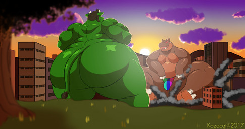 anthro belly big_butt biped black_hair brown_body brown_skin butt city_destruction destruction duo green_body hair heart_eyes heart_symbol huge_butt hyper hyper_butt macro male male/male muscular oddmar overweight overweight_male pecs smile sun tail thick_thighs kazecat julian_(kazecat) moomoo_(oddmar) bovid bovine cattle common_hippopotamus hippopotamid mammal