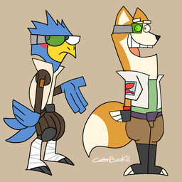 anthro bandage beak blue_body brown_background brown_body brown_fur clothed clothing duo feet fur male open_mouth simple_background smile style_emulation tail unfortu-nate nickelodeon nintendo star_fox the_fairly_oddparents denzel_crocker falco_lombardi fox_mccloud timmy's_dad avian bird canid canine falcon falconid fox mammal 1:1 2026 crossover digital_drawing_(artwork) digital_media_(artwork) hi_res