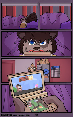 ageplay bed blue_eyes calendar clock clothed clothing comfy dialogue furniture infantilism locker object_in_mouth pacifier pacifier_in_mouth pillow purple_blanket red_pacifier roleplay text bewskyss five_nights_at_freddy's five_nights_at_freddy's:_security_breach game_boy game_boy_family nintendo scottgames steel_wool_studios cupcake_(fnaf) freddy_(fnaf) canid canine canis domestic_dog mammal absurd_res comic english_text hi_res