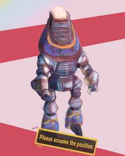 abstract_background ambiguous_gender blue_paint machine metal multicolored_body new_vegas not_furry paint solo standing text yellow_paint kassical fallout microsoft fisto_(fallout) humanoid protectron_(fallout) robot robot_humanoid 4:5 english_description english_text hi_res signature