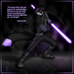 anthro armor biped black_body black_fur clothed clothing fluffy fluffy_tail fur holding_melee_weapon holding_object holding_sword holding_weapon lightsaber lightsaber_polearm male melee_weapon plantigrade purple_lightsaber saberstaff sith solo standing sword tail text visor weapon danscarlet star_wars darth feyyore canid canine fox mammal 1:1 english_text hi_res nonbinary_(lore)