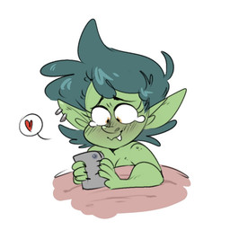 blush bodily_fluids claws crying ear_piercing electronics eyelashes female finger_claws green_body green_skin hair heart_symbol humanoid_pointy_ears not_furry phone piercing pointy_ears short_hair simple_background smile solo teal_hair tears tears_of_joy under_covers white_background mhdrawin juju_(mhdrawin) goblin humanoid 2023 digital_drawing_(artwork) digital_media_(artwork)