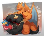ambiguous_gender anthro belly belly_mouth big_belly big_tongue black_belly black_body blue_body blue_tail bodily_fluids bound brady(sleepy_brady) charizard dragon dusknoir feraligatr generation_1_pokemon generation_2_pokemon generation_4_pokemon generation_5_pokemon group hi_res horn huge_belly hybrid jewelry krookodile looking_at_another looking_pleasured male male_pred mythological_creature mythological_scalie mythology necklace nintendo oral_vore orange_body orange_tail orange_wings pokemon pokemon_(species) red_body red_eyes rope scalie scared sweat sweatdrop tail tongue tongue_out trio trpcafterdark vore wings