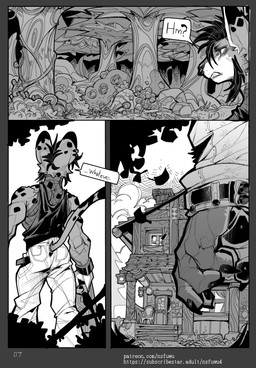 anthro bag being_watched cabin camping chair clothed clothed_anthro clothed_male clothing dialogue duo ear_piercing fishnet_clothing fishnet_topwear forest fully_clothed fully_clothed_anthro fully_clothed_male furniture looking_at_another male mysterious_figure piercing plant shrub speech_bubble sport stalker stalking text topwear tree nsfuwu4 brick_(nsfuwu4) hyena mammal monster 2025 absurd_res black_and_white comic english_text hi_res monochrome