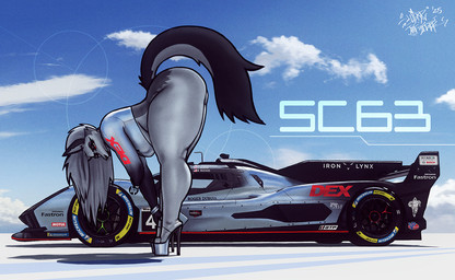 anthro bent_over big_butt biped breasts butt car clothed clothing cloud detailed_background eyelashes female footwear fur hair high_heels long_hair looking_at_viewer multicolored_body outside pupils race_car red_sclera shoes tail thick_thighs topwear vehicle sligarthetiger hellaverse helluva_boss lamborghini mythology loona_(helluva_boss) canid canid_demon canine demon hellhound mammal mythological_canine mythological_creature 2025