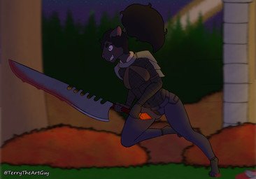 anthro armor blood blood_on_face blood_on_ground blood_on_object blood_on_sword blood_on_weapon blood_splatter bodily_fluids bottomwear clothing denim denim_bottomwear denim_clothing female fishnet_clothing fishnet_topwear hair jeans melee_weapon pants ponytail purple_eyes running solo sword topwear violence weapon terrytheartguy opal_(terrytheartguy) felid lion mammal pantherine absurd_res hi_res