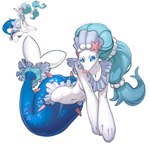 anthro big_breasts blue_body blue_eyes blue_hair breasts female hair long_hair simple_background solo white_background white_body telepurte nintendo pokemon generation_7_pokemon mammal marine pokemon_(species) primarina 1:1 hi_res tagme