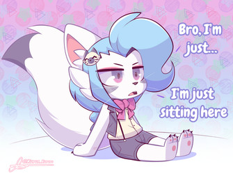 accessory ambiguous_gender anthro big_ears blue_hair bottomwear cheek_tuft chibi claws clothed clothing dipstick_tail ear_tuft facial_markings facial_tuft femboy fur hair hair_accessory head_markings male markings open_mouth pawpads paws purple_eyes ribbons scratches shorts simple_background sitting solo suspenders tail tail_markings text tied_hair topwear tuft vest white_body white_fur kurus kiyoshi_(kurus) domestic_cat felid feline felis mammal absurd_res digital_media_(artwork) hi_res male_(lore)