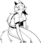 anthro belt bottomwear clothing eyewear female glasses pants shirt sitting t-shirt topwear tuft cathodegaytube linux xenia_(linux) canid canine fox mammal red_fox true_fox black_and_white monochrome trans_(lore) trans_woman_(lore)