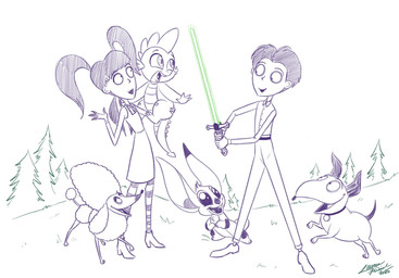 5_fingers anthro arm_markings big_ears big_eyes biped boots bottomwear carrying_another chest_tuft clothed clothing collar dress evergreen_tree female feral fingers footwear fur group hair happy head_tuft holding_lightsaber leg_markings lightsaber male markings melee_weapon open_mouth open_smile outside pants pigtails pine_tree plant quadruped shoes short_hair short_tail simple_background smile spade_tail standing tail tree tuft weapon white_background lauren_kisich disney frankenweenie friendship_is_magic hasbro lilo_and_stitch my_little_pony mythology star_wars elsa_van_helsing houdini_(lilo_and_stitch) persephone_(frankenweenie) sparky_(frankenweenie) spike_(mlp) victor_frankenstein_(frankenweenie) alien canid canine canis domestic_dog dragon experiment_(lilo_and_stitch) human mammal mythological_creature mythological_scalie poodle scalie 2025 crossover hi_res signature spot_color traditional_media_(artwork)
