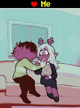 ambiguous_gender anthro antlers biped black_bottomwear black_clothing black_skirt blonde_hair bottomwear brown_body brown_bottomwear brown_clothing brown_hair brown_pants clothing duo female furniture green_clothing green_sweater green_topwear hair horn inside pants red_nose scared skirt snowgrave sofa sweater tan_body tan_skin topwear modeseven deltarune undertale_(series) kris_dreemurr noelle_holiday deer human mammal soul_(undertale) hi_res