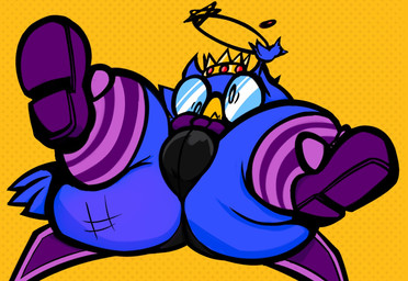 anthro beak blue_body blue_feathers bulge butt clothing crown eyewear feathers glasses headgear legwear lying male nerd on_back pattern_clothing pattern_legwear solo spread_legs spreading stockings striped_clothing striped_legwear stripes thong underwear ream_n_cream kings_of_hell stolas_(kings_of_hell) avian bird demon owl