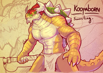 2_horns 4_fingers abs anthro biceps bottomwear claws clothing fingers glowing glowing_eyes hair holding_object holding_weapon horn loincloth male melee_weapon muscular muscular_anthro muscular_male obliques pecs scales serratus shell solo spikes spikes_(anatomy) tail teeth weapon yellow_body yellow_scales lluisabadias dungeons_and_dragons hasbro mario_bros nintendo wizards_of_the_coast bowser koopa scalie 2023 absurd_res digital_media_(artwork) hi_res