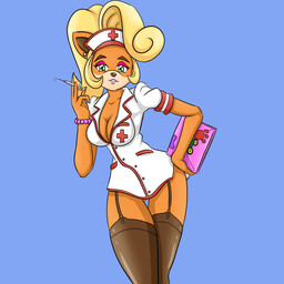 anthro bracelet breasts cleavage clothed clothing computer ear_piercing electronics female garter_straps headgear headwear holding_object jewelry laptop legwear looking_at_viewer nurse nurse_clothing nurse_headwear nurse_uniform piercing solo stockings uniform momo-the-bunny activision crash_bandicoot_(series) coco_bandicoot bandicoot mammal marsupial 1:1 hi_res