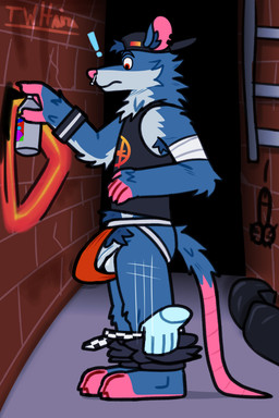 alley anthro arm_tuft armband armpit_hair assisted_exposure backwards_cap balls biped body_hair brick brick_wall bulge clothing disembodied_hand ear_piercing elbow_tuft facial_piercing genitals graffiti half-erect jockstrap knee_tuft ladder leg_tuft male neck_tuft nose_piercing pantsing penis penis_drawing piercing pubes rat_tail red_eyes shirt solo surprised tail tank_top tenting throbbing throbbing_penis topwear trash tuft underwear wall_(structure) wristband twhaira kd_rattical_(fortnite) mammal murid murine rat rodent 2:3 absurd_res hi_res watermark