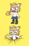 blonde_hair boots bottomwear clothing female food footwear fruit hair humor inner_ear_fluff lemon licking open_mouth plant quicksand red_eyes shoes short_hair sinking skirt solo tongue tuft blazera thour_(meme) tsukihime type-moon neco-arc animal_humanoid cat_humanoid felid felid_humanoid feline feline_humanoid humanoid mammal mammal_humanoid 2024 hi_res meme