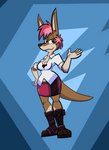 anthro boots bottomwear breasts brown_body brown_fur cleavage clothed clothing female footwear fur furgonomics hair kangaroo_girl pink_hair shoes skirt solo tail tail_through_skirt pembrokewkorgi sydney kangaroo macropod mammal marsupial absurd_res hi_res