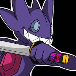ambiguous_gender black_background grey_eyes grin holding_melee_weapon holding_object holding_sword holding_weapon katana melee_weapon purple_body purple_skin sharp_teeth simple_background smile solo sword teeth weapon aintsmart nintendo pokemon generation_3_pokemon pokemon_(species) sableye 1:1 2011 aliasing digital_media_(artwork)