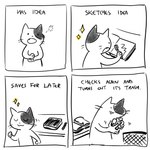 4_panel_comic 5_fingers ambiguous_gender anthro black_eyes black_nose black_text book dot_eyes eyes_closed fingers holding_object holding_pen mouth_closed open_mouth paper pawpads paws pen sharp_teeth solo sparkles standing teeth text trash_can whiskers flavia-elric domestic_cat felid feline felis mammal 1:1 2021 comic digital_media_(artwork) english_text greyscale hi_res monochrome