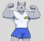 5_fingers anthro armpit_hair biceps big_muscles black_nose blue_bottomwear blue_clothing blue_shorts body_hair bottomwear bulge clothing fingers fist flexing flexing_bicep flexing_both_biceps fur grey_body grey_fur grey_nipples looking_at_viewer male mascot muscular muscular_anthro muscular_male nipples one_eye_closed shirt shorts solo standing t-shirt text topwear torn_clothing torn_shirt torn_topwear v-neck white_clothing white_shirt white_t-shirt white_topwear wide_eyed wink yellow_text jrjresq pump_&_pantry bones_(pump_&_pantry) canid canine canis mammal wolf hi_res portrait three-quarter_portrait