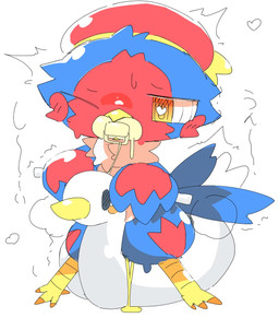 ageplay ambiguous_gender anthro arousal_meaning_enjoyment aroused aroused_face barefoot beak blue_body blue_feathers blush bodily_fluids chest_tuft clothing desperation feathers feet genital_fluids headgear headwear heart_symbol holding_handles holding_object infantilism leaking living_toilet multicolored_body object_in_mouth one_eye_closed overflowing_toilet pacifier pacifier_in_mouth pee_desperation peeing peeing_into_toilet potty potty_time potty_training red_body red_feathers roleplay sat_on shaking simple_background sitting sitting_on_potty sitting_on_toilet solo spill spilled_liquid steam sweat tail tail_feathers toilet training_potty trembling tuft urine urine_on_ground urine_stream yellow_eyes mothdayo avian bird hi_res
