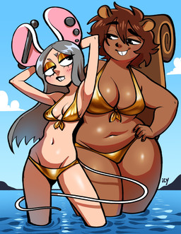 bikini blush blush_lines breasts brown_hair buckteeth cleavage clothed clothing crotch_lines dark_body dark_skin duo ear_piercing eyelashes eyeshadow female glistening_eyelids gold_bikini gold_eyeshadow grey_hair hair half-closed_eyes hand_on_hip hands_behind_head industrial_piercing long_eyelashes makeup multiple_ear_piercings narrowed_eyes partially_submerged piercing short_hair standing_in_water swimwear teeth tied_bikini two-piece_swimsuit water iseenudepeople golden_week kat_(iseenudepeople) mara_(iseenudepeople) animal_humanoid humanoid mammal mammal_humanoid mouse_humanoid murid murid_humanoid murine murine_humanoid rodent rodent_humanoid sciurid sciurid_humanoid tree_squirrel tree_squirrel_humanoid 2026 hi_res signature