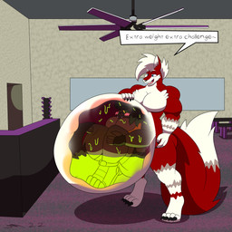 anthro exercise female fully_inside gym male male_pred oral_vore soft_vore text vore workout dirtymac kiyote puwma canid canine canis domestic_cat felid feline felis mammal wolf 1:1 absurd_res digital_media_(artwork) english_text hi_res