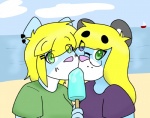 accessory anthro beach blonde_hair blue_eyes clothed clothing duo eyebrows eyewear female female/female food fur glasses green_eyes hair hair_accessory hairpin heterochromia innuendo licking long_hair looking_at_viewer outside piercing popsicle sea_salt_ice_cream seaside short_hair simple_background suggestive thick_eyebrows tongue tongue_out mcfly0crash debby_katt terry_katt domestic_cat felid feline felis mammal 2016 digital_media_(artwork) sibling_(lore) sister_(lore) twins_(lore)