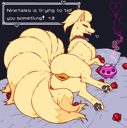 9_tails accessory animal_genitalia animal_vulva anus bed bell bell_collar berry black_background bodily_fluids breath butt chople_berry collar female feral food fruit fur furniture gameplay_mechanics gaping gaping_vagina genitals head_tuft heart_eyes heart_symbol in_heat incense incense_burner jingle_bell lust lying message message_box multi_tail narration on_side panting plant pokemon_berry presenting presenting_hindquarters red_eyes red_sclera saliva simple_background smile smoke solo soothe_bell tail text thick_thighs tongue tongue_out tuft vulva yellow_body yellow_fur heartear18 nintendo pokemon canid canine generation_1_pokemon mammal ninetales pokemon_(species) english_text redraw