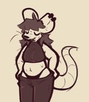 ambiguous_gender anthro arm_hair belly bodily_fluids body_hair clothing ear_piercing eyes_closed hair long_hair panties piercing simple_background solo sweat sweaty_belly tail underwear undressing whiskers goopystem_(artist) mammal murid murine rat rodent 2025 hi_res monochrome sketch