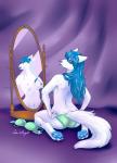arched_back back_turned blue_hair blue_paws bra breasts canine claws curtains female fox from_behind fur hair lala_d'argent looking_at_viewer looking_back mammal mirror navel nipples panties purple_background purple_eyes reflection slit_pupils solo topless underwear undressing white_fur
Rating: Explicit
Score: 2
User: YiffySkunk
Date: April 24, 2014