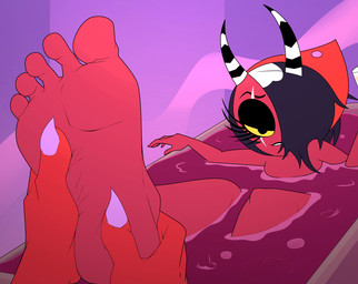 barefoot feet female foot_fetish foot_rub hair hair_over_eye horn humanoid_feet plantigrade red_body soles toes yellow_sclera rtuenuik2 hellaverse helluva_boss sallie_may_(helluva_boss) demon demon_humanoid humanoid imp absurd_res hi_res trans_(lore) trans_woman_(lore)