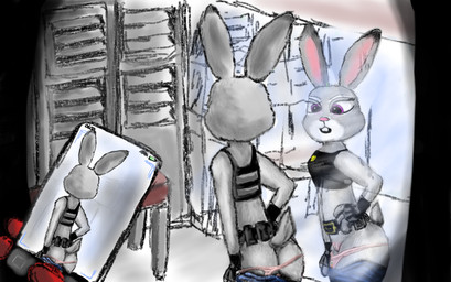 anthro butt clothed clothing female genitals grey_body locker_room mirror mirror_reflection panties panties_down partially_clothed purple_eyes reflection solo text underwear underwear_down undressing voyeur vulva myxo disney zootopia judy_hopps lagomorph leporid mammal rabbit english_text hi_res