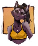 anthro black_hair bra clothing female fur hair head_tilt looking_away machine markings multicolored_hair orange_markings purple_body purple_fur purple_hair simple_background solo sports_bra underwear white_markings drpickelle katana_silvers android felid feline mammal robot 2019 bust_portrait portrait shaded